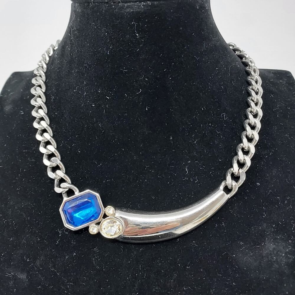 Vintage Park Lane Necklace Asymmetric Blue Stone Silver Tone Signed to 18" MCM